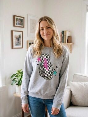 Skeleton Hand Energy Drink Sweatshirt Checkered Y2K Grunge Graphic Crew